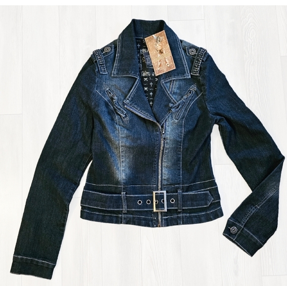 NEW Vintage Y2K ★ SUKO Jeans ★ AMAZING Zipper Jean Jacket with Black Rhinestones - Picture 3 of 17